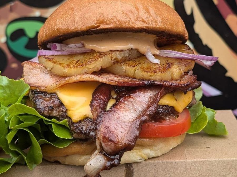 Pineapple Express — wagyu beef patty, American cheese, bacon, grilled pineapple and red onion